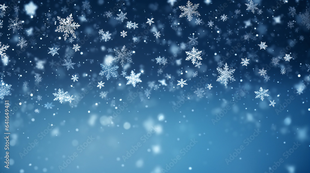 Cold winter snowflakes falling with sparkling falling snow and glittering blue background - Generative AI