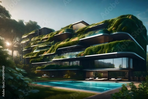 Illustrate a futuristic eco-friendly residence, with living walls, solar panels, and integrated green spaces, blending seamlessly with nature.