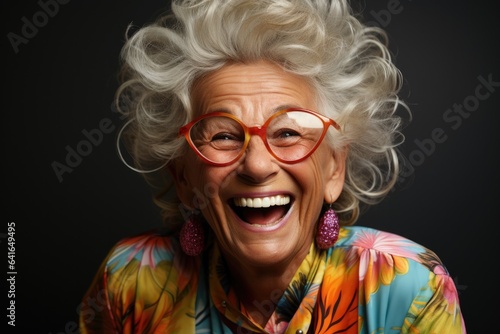 Portrait of happy senior woman in glasses. Laughing old woman with hairstyle in stylish outfit. © DenisNata