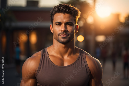 portrait image of a handsome fitness instructor in sunset. Image created using artificial intelligence.