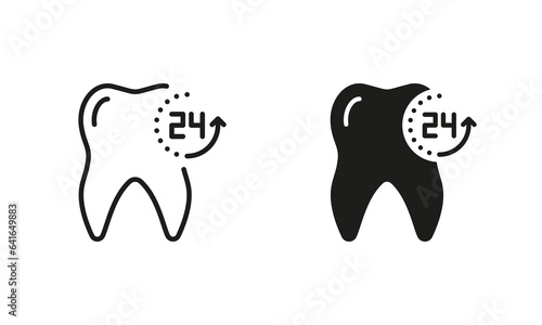 24 Hours Dental Protection Silhouette and Line Icons Set. Oral Care, Fresh Tooth Pictogram. Teeth Hygiene, Dental Treatment Black Symbol Collection. Dentistry Sign. Isolated Vector Illustration