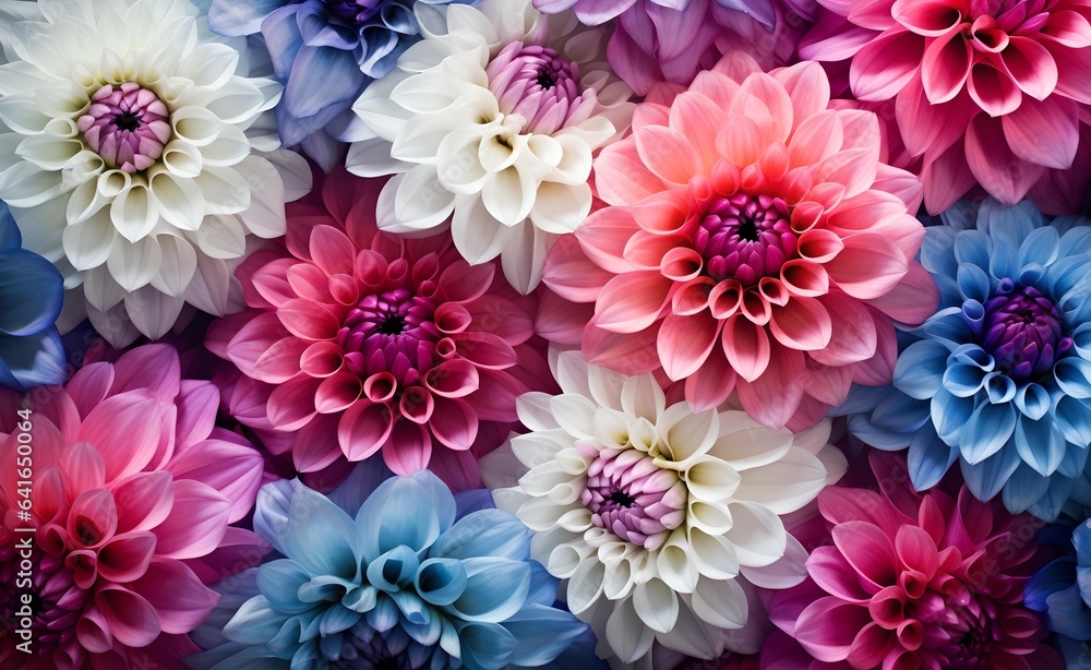 Abstract floral flower dahlia pattern, background banner. Closeup of colorful blooming dahlias. Abstract floral flower dahlia pattern, background banner. Closeup of colorful blooming dahlias.