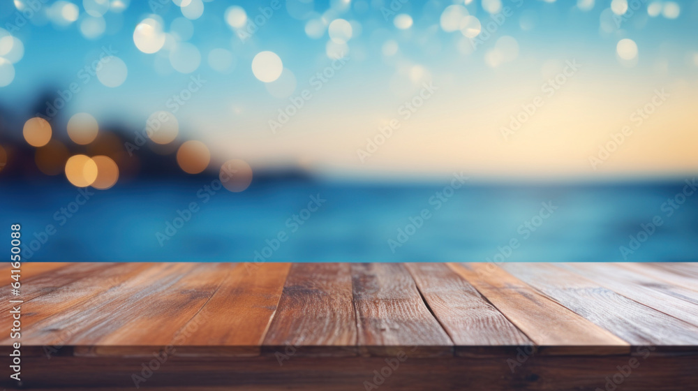 Empty wood plank table top with blur blue ocean and bokeh light. Mock up for display or montage of product. Banner or header for advertise on social media. Empty wood plank table top with blur blue ocean and bokeh light. Mock up for display or montage of product. Banner or header for advertise on social media.
