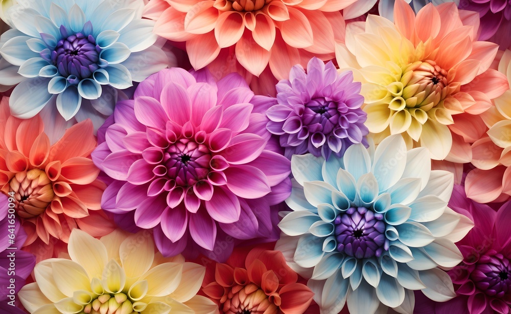 Abstract floral flower dahlia pattern, background banner. Closeup of colorful blooming dahlias. Abstract floral flower dahlia pattern, background banner. Closeup of colorful blooming dahlias.