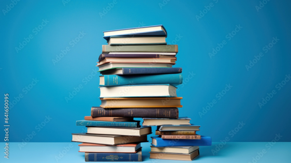 Pile of books organized on top of each other in a blue background. Pile of books organized on top of each other in a blue background.