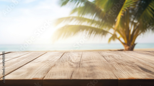Empty wooden table top with bokeh on blur beach background