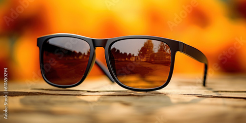 Edge of black sunglass close up, orange, yellow bokeh background.