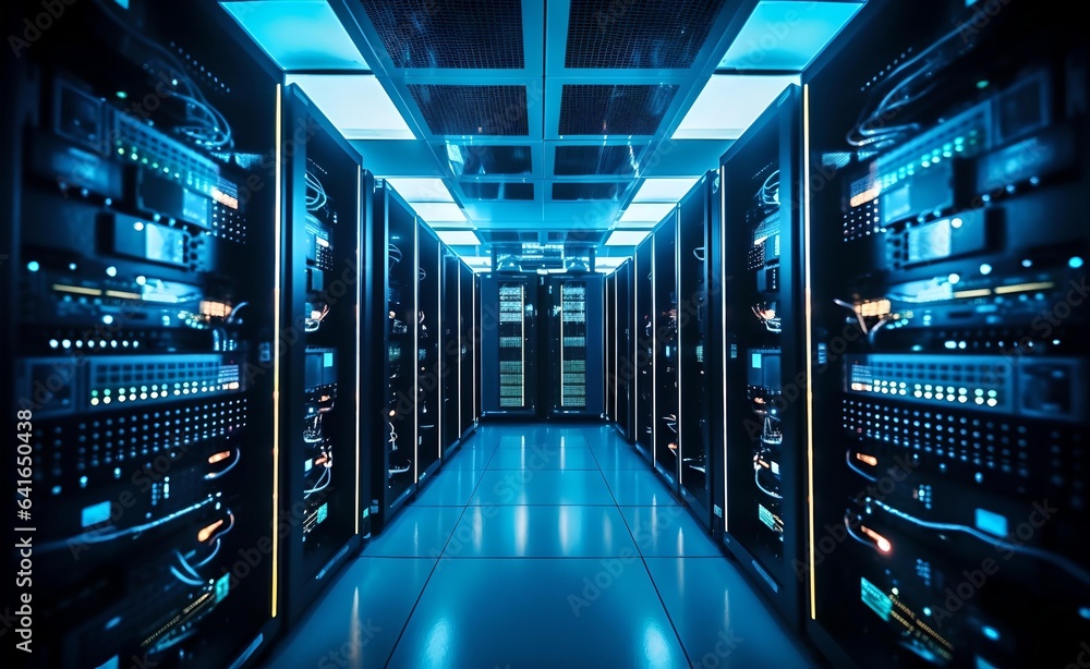 Obraz premium Modern web content hosting. Internet power electronics cabinets.