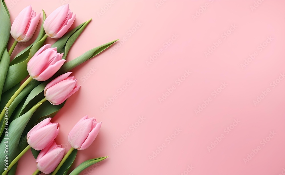 Pink tulip flowers on pink background top view in flat lay style. Greeting for Womens or Mothers Day. Pink tulip flowers on pink background top view in flat lay style. Greeting for Womens or Mothers Day.