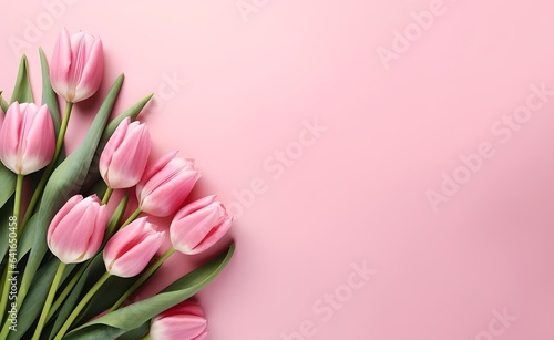 Pink tulip flowers on pink background top view in flat lay style. Greeting for Womens or Mothers Day.