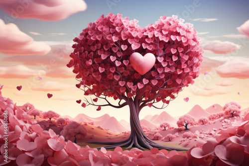 Pink heart shaped tree illustration with pink hues for Valentine day.