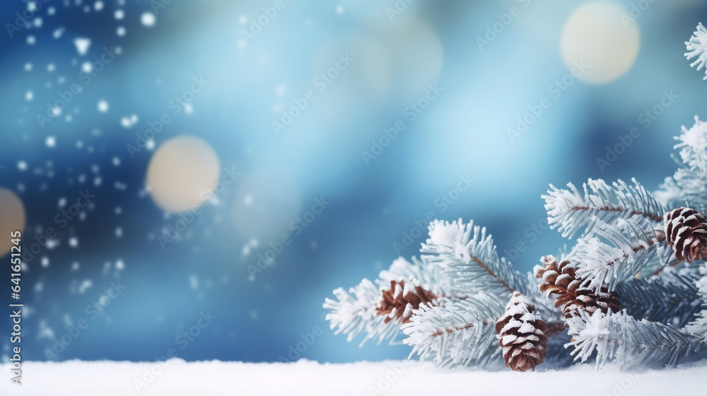 christmas background with christmas tree branches and snow, legal AI
