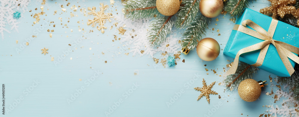 christmas card with a gift wrapped in turquoise paper with golden Christmas decorations and fir branches with confetti on a wooden background top view, legal AI - obrazy, fototapety, plakaty 
