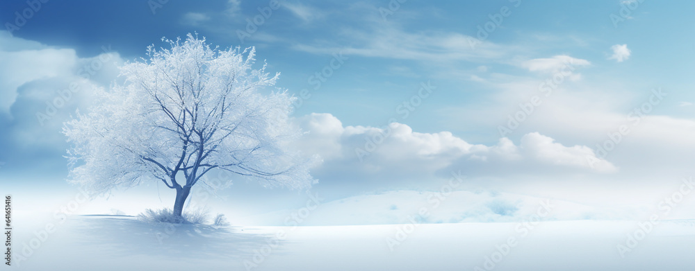 Christmas card. lonely tree covered with frost on a snowy field, legal AI Christmas card. lonely tree covered with frost on a snowy field, legal AI