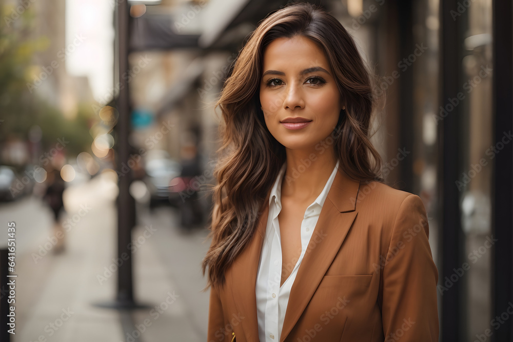 Beautiful entrepreneur businesswoman standing on the sidewalk in a city street. Image created using artificial intelligence. Beautiful entrepreneur businesswoman standing on the sidewalk in a city street. Image created using artificial intelligence.