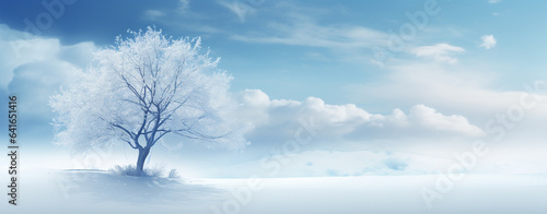 Christmas card. lonely tree covered with frost on a snowy field, legal AI