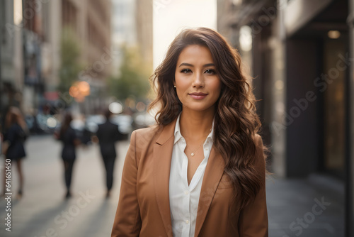 Beautiful entrepreneur businesswoman standing on the sidewalk in a city street. Image created using artificial intelligence.