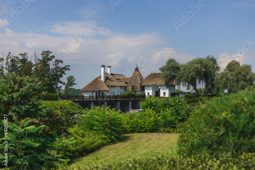 Yacht club "Sich" in the city of Dnipro. Travel across Ukraine. Place for rest and walk. Location near water. View from the embankment. Local attraction.