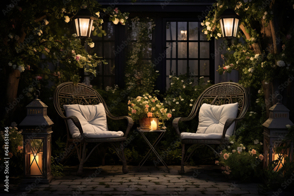 cozy evening garden with chair and lights lanterns, Generative AI