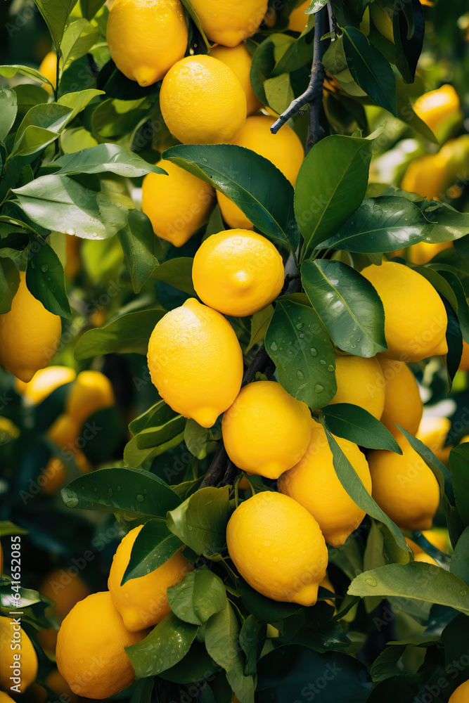 yellow lemons growing on tree, citrus garden, Generative AI