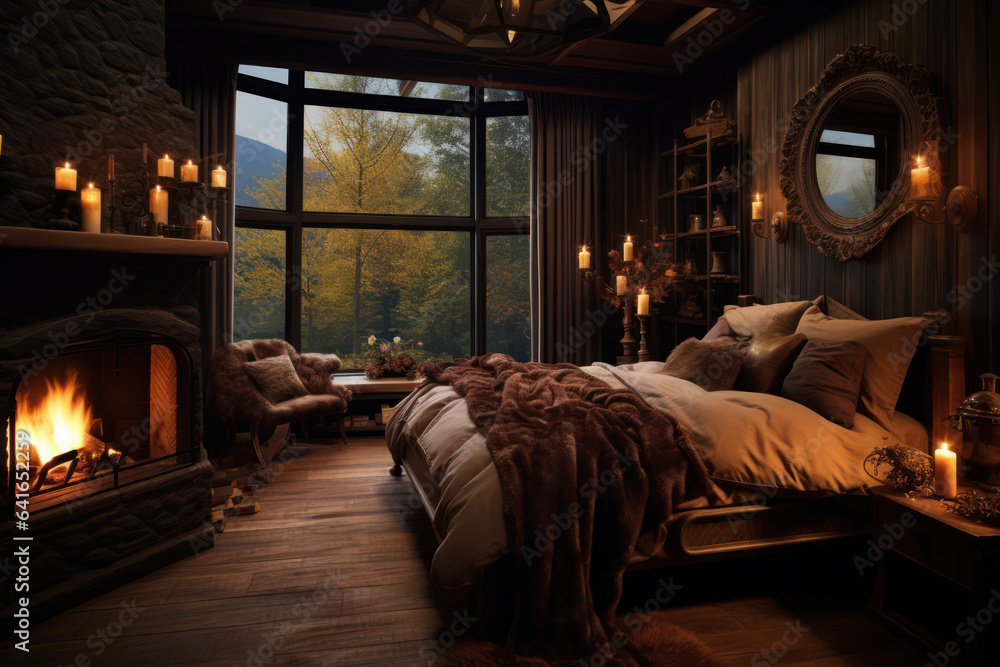 cozy bedroom interior in natural tones, blanket candles fireplace houseplants