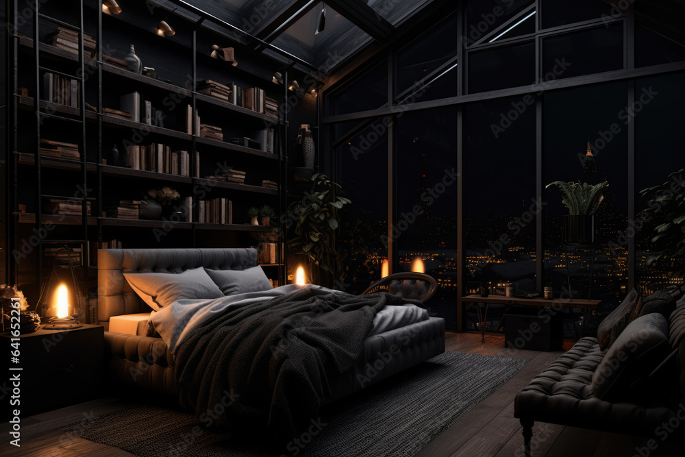 cozy bedroom interior in dark tones, generative AI