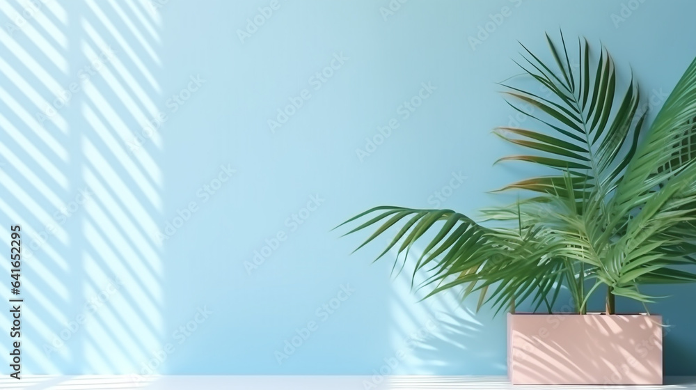 Potted palm tree against a blue wall on a sunny day, legal AI