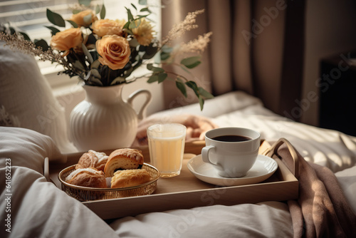 warm cozy bedroom interior with cup of coffee and sweets on tray