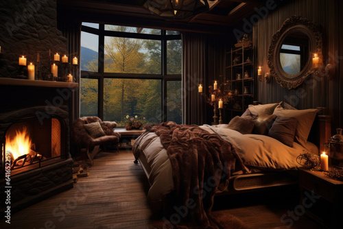 cozy bedroom interior in natural tones, blanket candles fireplace houseplants