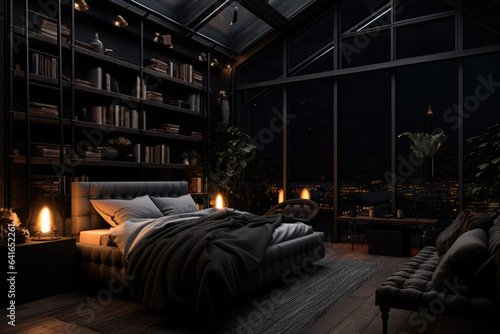 Obraz na płótnie cozy bedroom interior in dark tones, generative AI w salonie
