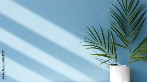 elegant background with palm tree against light blue wall, sunny day, legal AI