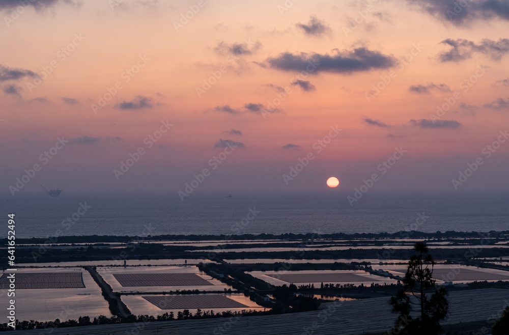 Amazing view on the Mediterranean sea and fields from Zikhron Ya'akov. Sunset time