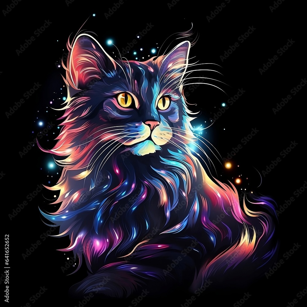 Cat Front view in vibrant colors (Neon Style) - Radiant Feline: Mesmerizing Neon Colors Illuminate a Cat's Front View Against a Mystical Black Backdrop