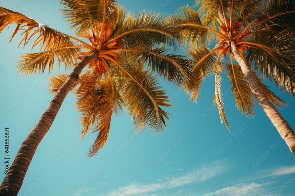 Obraz premium Summer holidays travel concept. Palm trees against blue sky