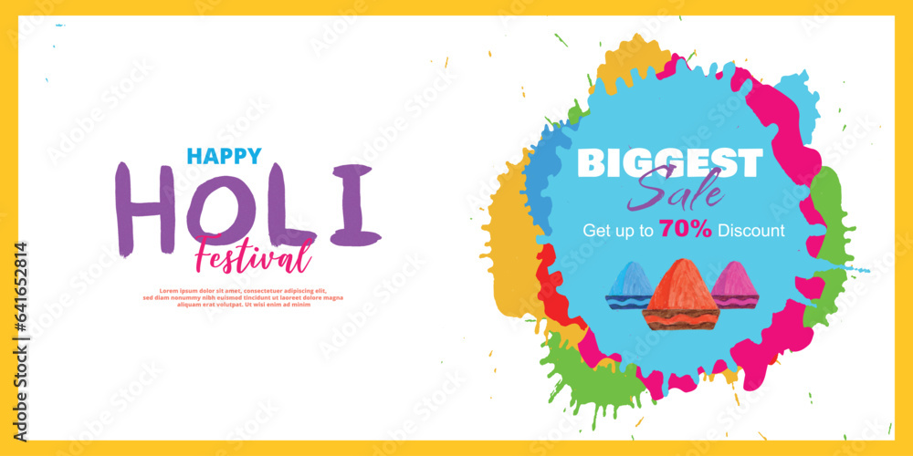 Happy holi festival colorful splatter with yellow border background wishes banner and poster design