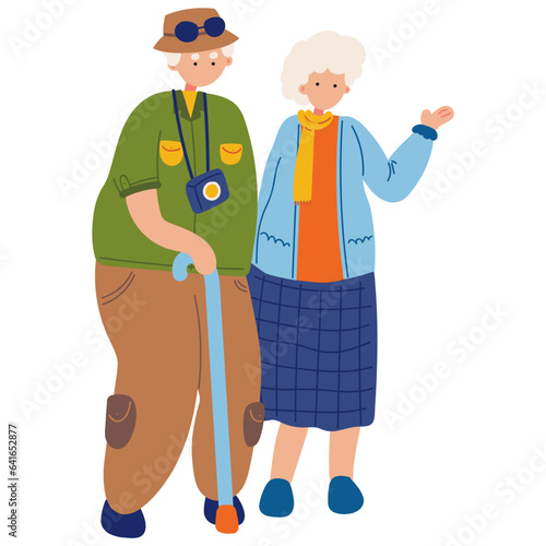 Elderly couple traveling together flat illustration