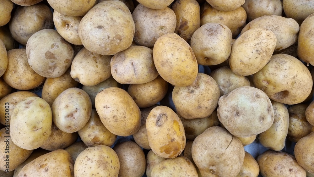 Fresh organic whole potatoes. Top view of new potatoes outside a greengrocer. Potatoes vegetable pattern background. Potatoes is a tuber of the plant Solanum tuberosum. Fresh organic whole potatoes. Top view of new potatoes outside a greengrocer. Potatoes vegetable pattern background. Potatoes is a tuber of the plant Solanum tuberosum.