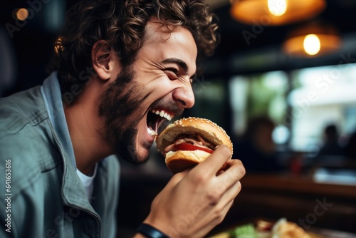 Surprise Man Eats Burger In A Cafe In Paris. Сoncept Surprise Mans Burgereating Adventure, Eating Burgers In Paris, Caf Culture In Paris, Creative Ways To Enjoy Meals