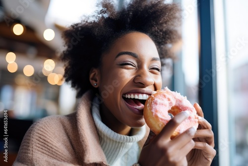 African Woman Eats Donuts In A Cafe In New York