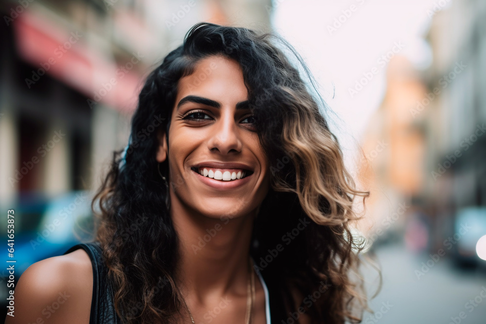 Beautiful transgender woman with long hair in the city, portrait Stock ...