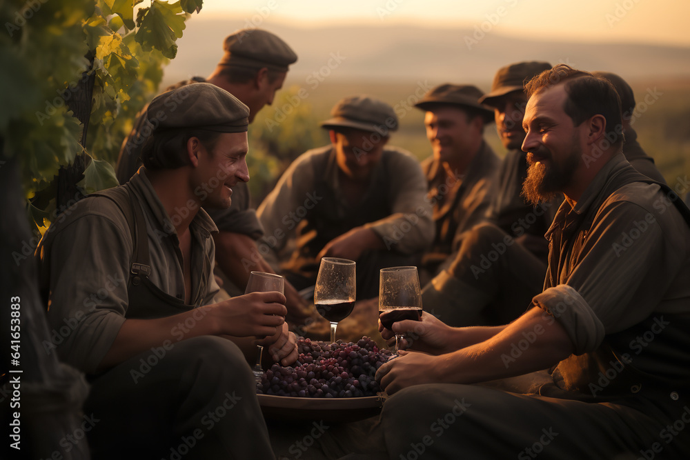 After hours of labor, vineyard workers come together, sharing hearty meals and stories amidst the green expanses - obrazy, fototapety, plakaty 