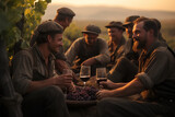After hours of labor, vineyard workers come together, sharing hearty meals and stories amidst the green expanses
