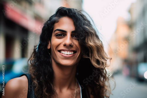 Beautiful transgender woman with long hair in the city, portrait