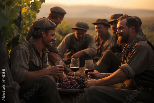 After hours of labor, vineyard workers come together, sharing hearty meals and stories amidst the green expanses