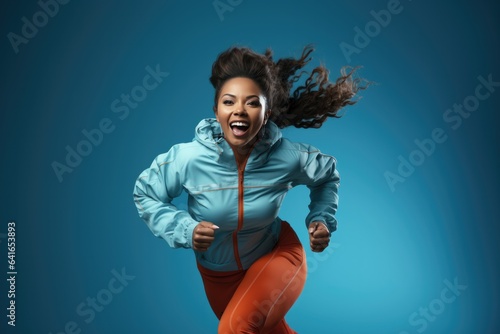 Overweight African Woman Running In A Tracksuit On Ligth Blue Backgound. Сoncept Healthy Weight For African Women, Benefits Of Running, Tracksuits As Exercise Gear photo
