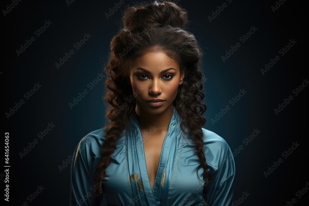 African Woman Martial Arts In A Gi Or Dobok On Ligth Blue Backgound . Сoncept African Woman Martial Arts, Martial Arts Gi Or Dobok, Light Blue Background, Traditions Empowerment