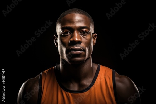 African Man A Basketball Jersey And Shorts On Black Background. Сoncept African Man, Basketball Jersey, Shorts, Black Background photo