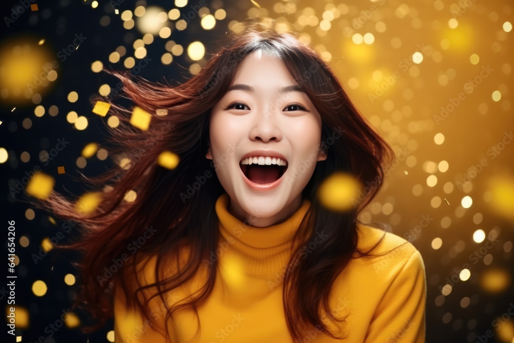 Happiness Asian Woman In A Yellow Sweatshirt On Galaxy Stars Background. Сoncept Asian Woman Happiness, Galaxy Stars Background, Yellow Sweatshirt, Asian Representation