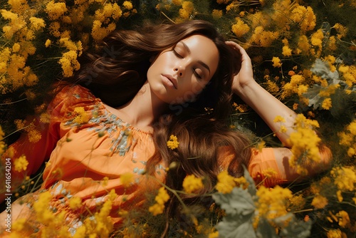 Beautiful young woman with long curly hair and perfect skin wearing orange linen dress posing near blooming flowers in a garden.