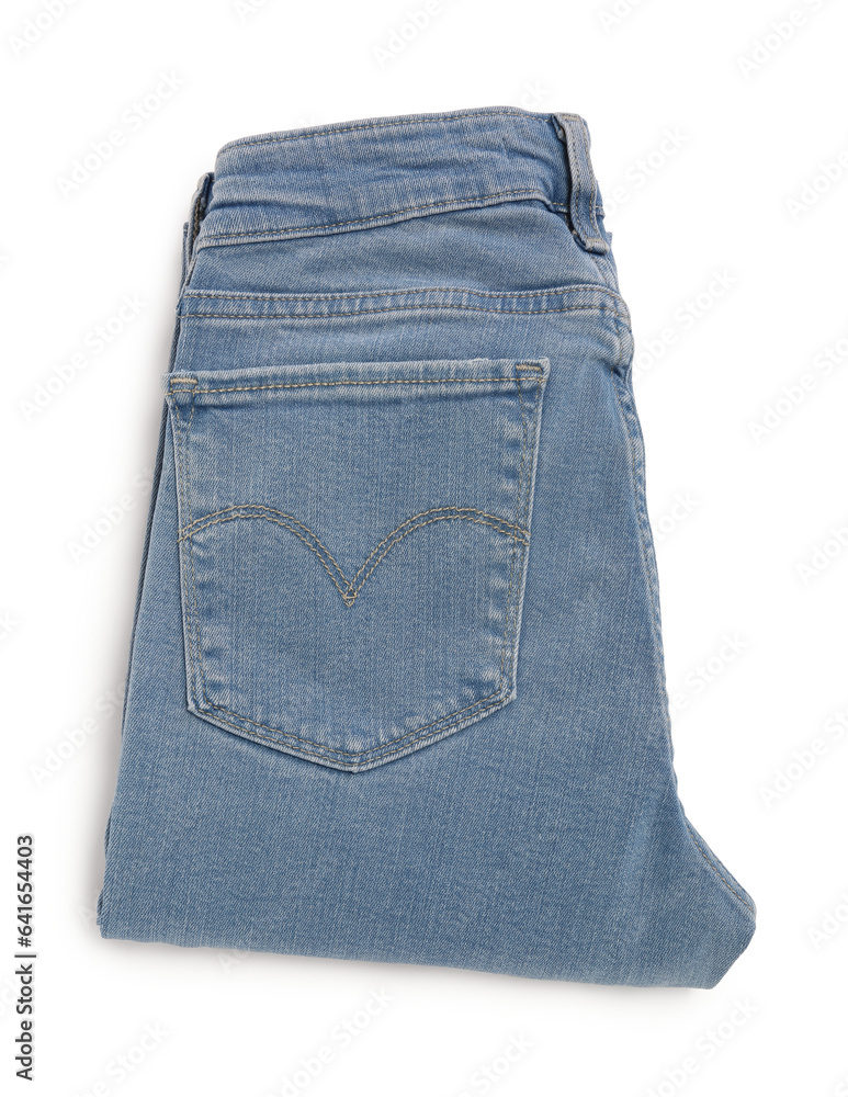 Folded light blue jeans isolated on white, top view Folded light blue jeans isolated on white, top view